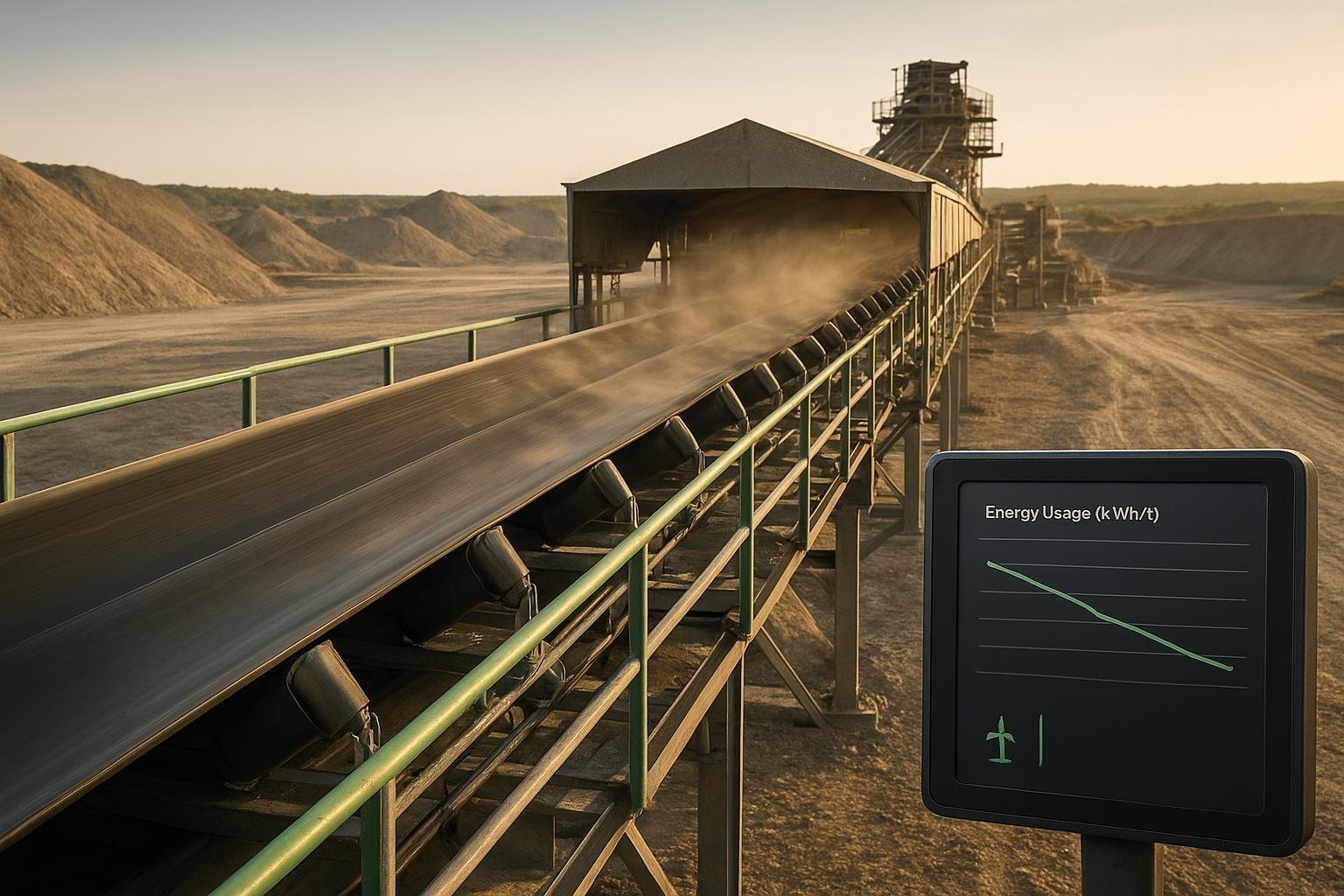 Overland conveyor at a quarry with covered transfer point, dust suppression, and energy efficiency dashboard indicating lower kWh per ton.