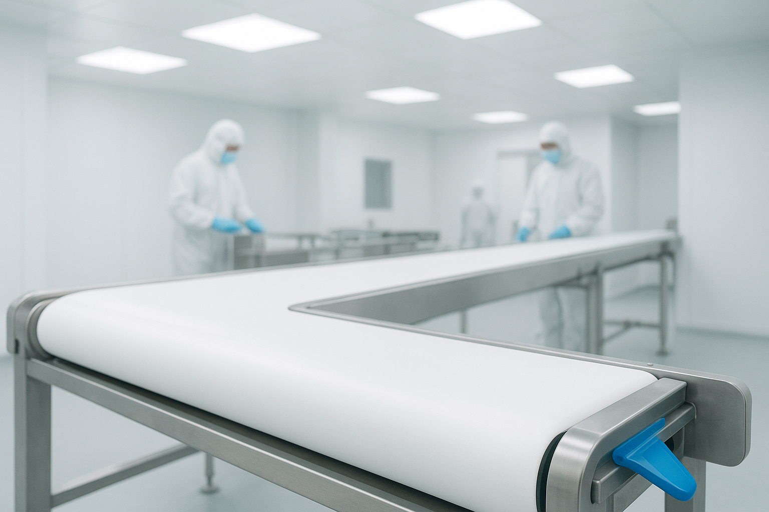 Hygienic stainless conveyor with smooth white monolithic belt in a clean room.
