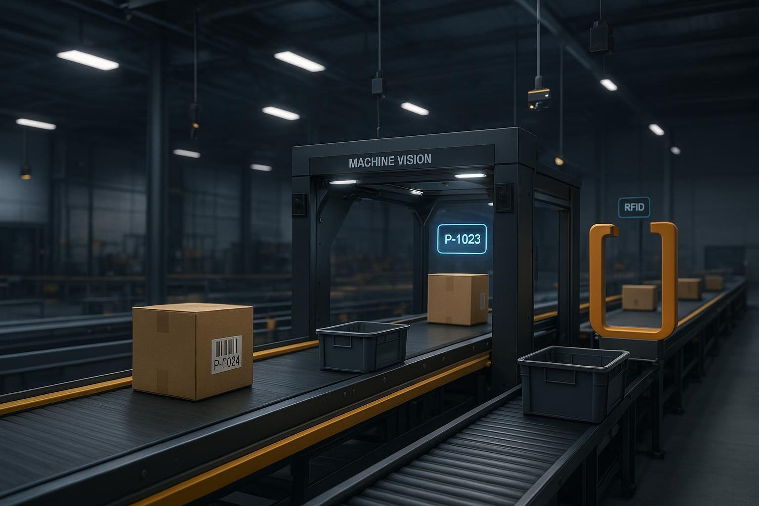 Smart conveyor with RFID, machine vision tunnel, UWB/BLE anchors, and overhead LiDAR/3D in a warehouse