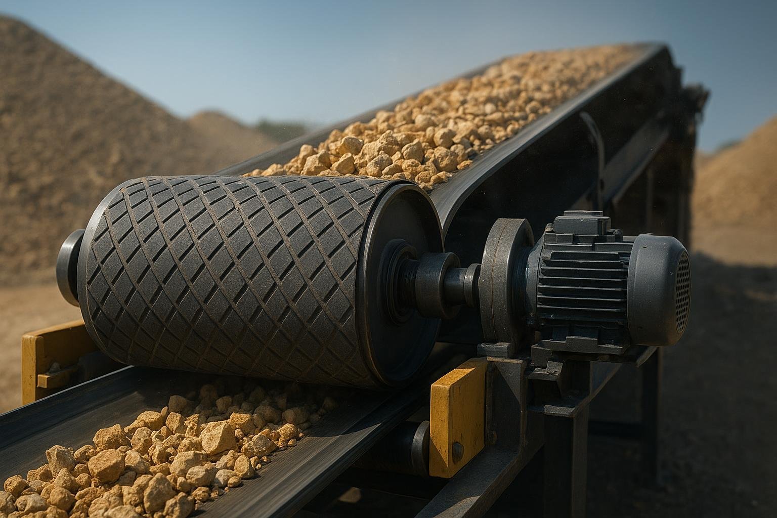 Drive pulley with lagged surface powering a quarry conveyor belt, snub pulley increasing wrap angle