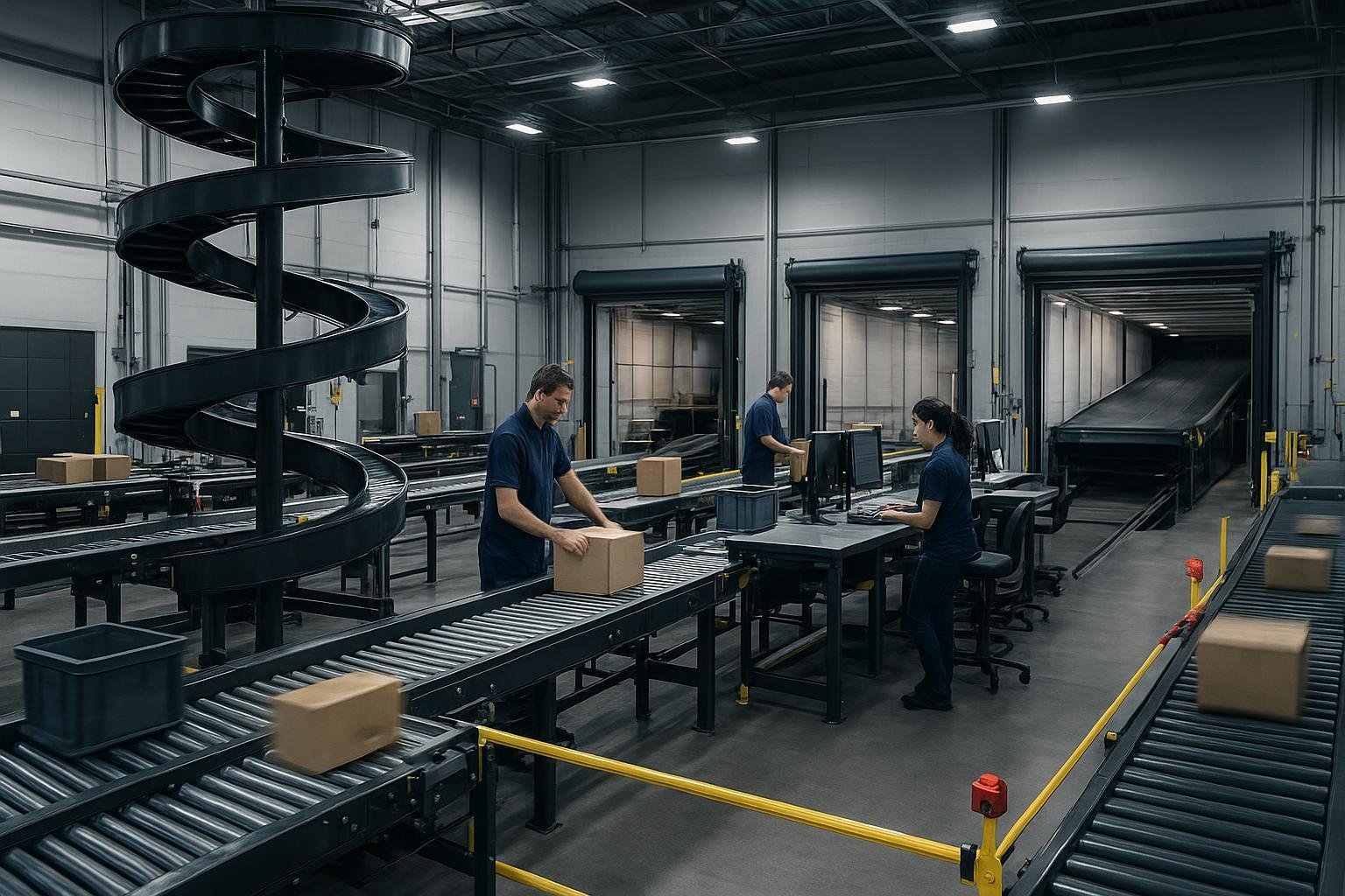 Conveyor systems in a modern logistics warehouse with sortation, spiral, and telescopic conveyors in operation.