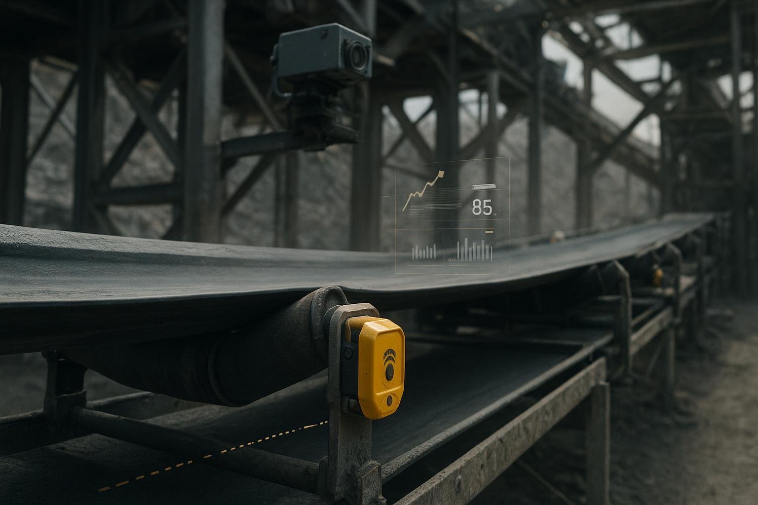 Industrial conveyor with smart sensors monitoring idlers and belt under dusty conditions