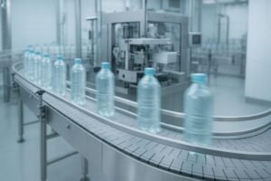 High-speed bottling line with tabletop conveyor and modular belt in a washdown-ready packaging plant