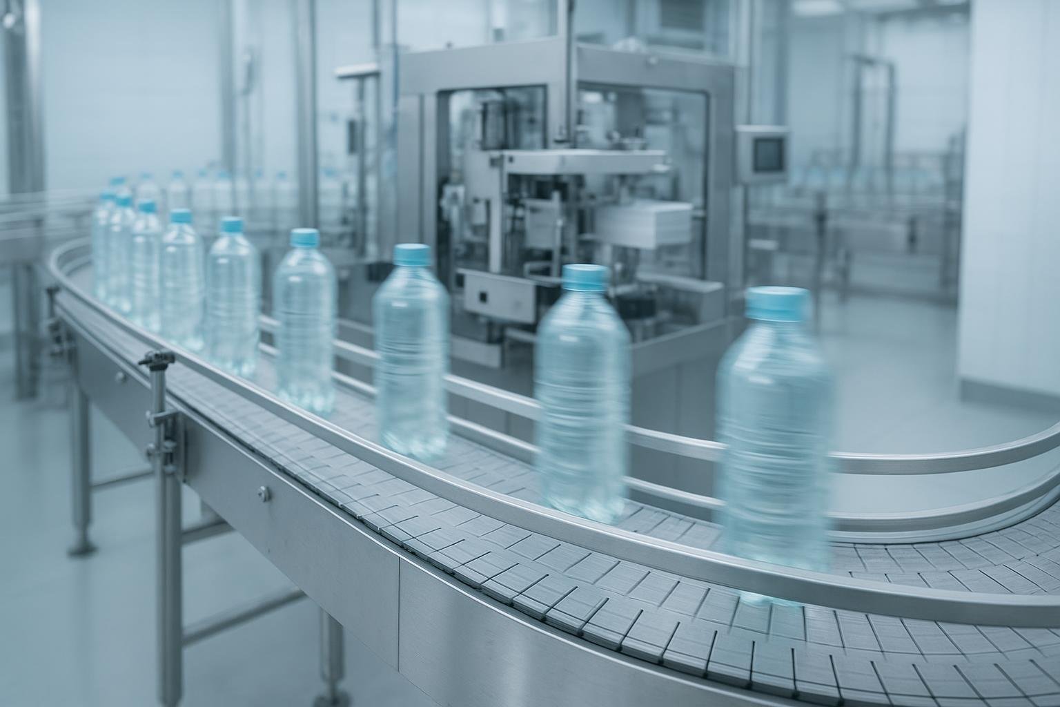 High-speed bottling line with tabletop conveyor and modular belt in a washdown-ready packaging plant