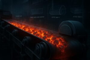 High-temperature conveyor handling hot clinker with belt, idlers, pulleys, and material heat glow