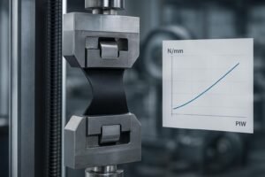 Tensile test of a conveyor belt specimen with force-elongation graph overlay