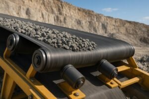Troughing conveyor rollers supporting a loaded belt in a quarry