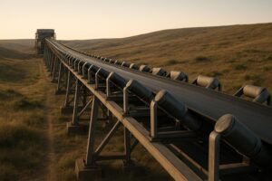 Overland conveyor with large-diameter troughing and return idlers across rolling terrain