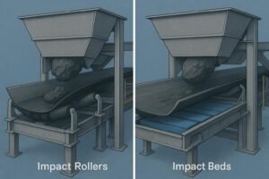 Conveyor loading zone comparison: impact rollers vs impact beds with chute, belt, and sealing shown.