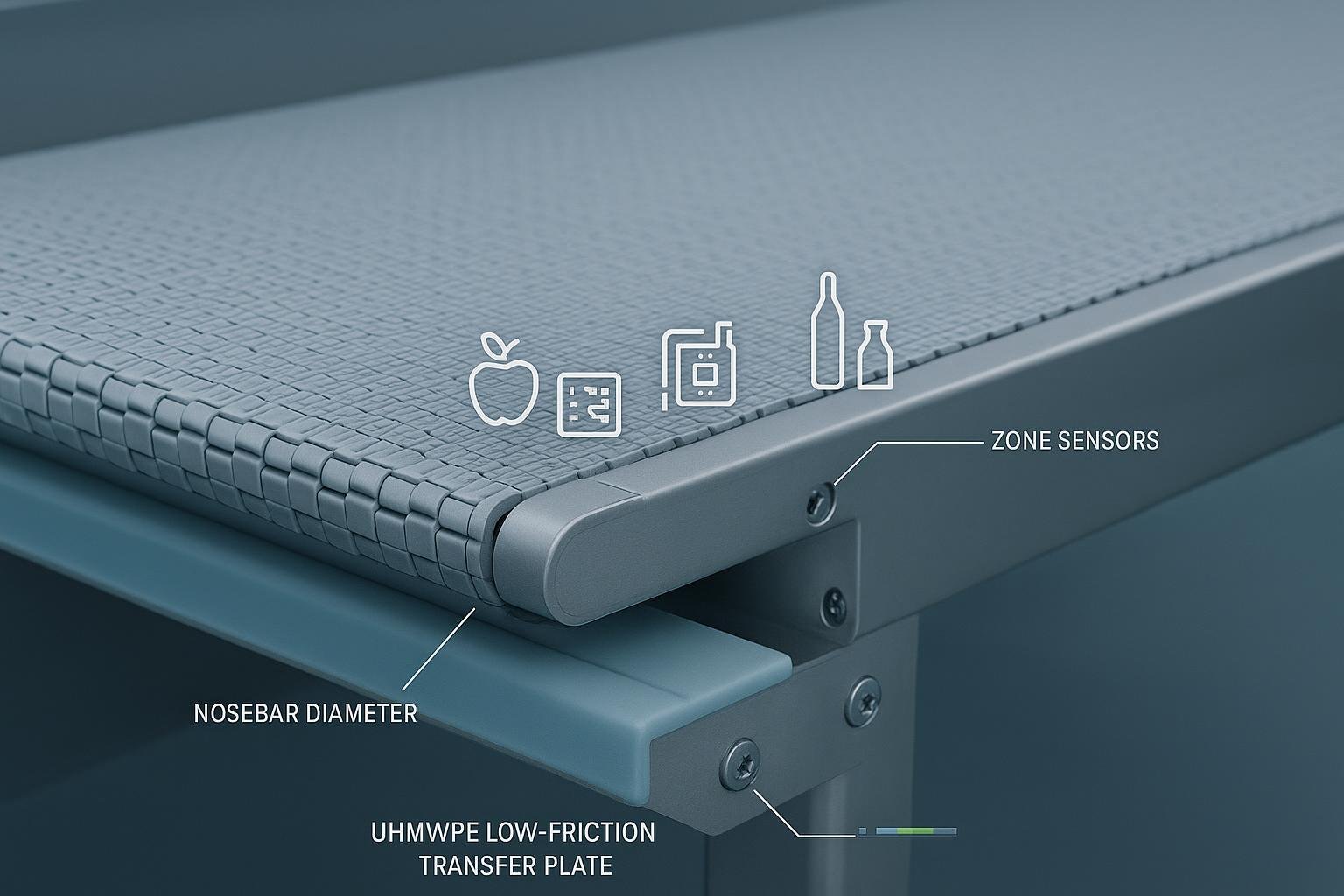 Close-up of a gentle-transfer conveyor with modular belt, small nosebar, and UHMWPE plate for fragile products