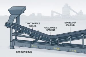 Technical illustration of a belt conveyor showing idler spacing zones: impact, graduated under skirts, standard carrying, and return.