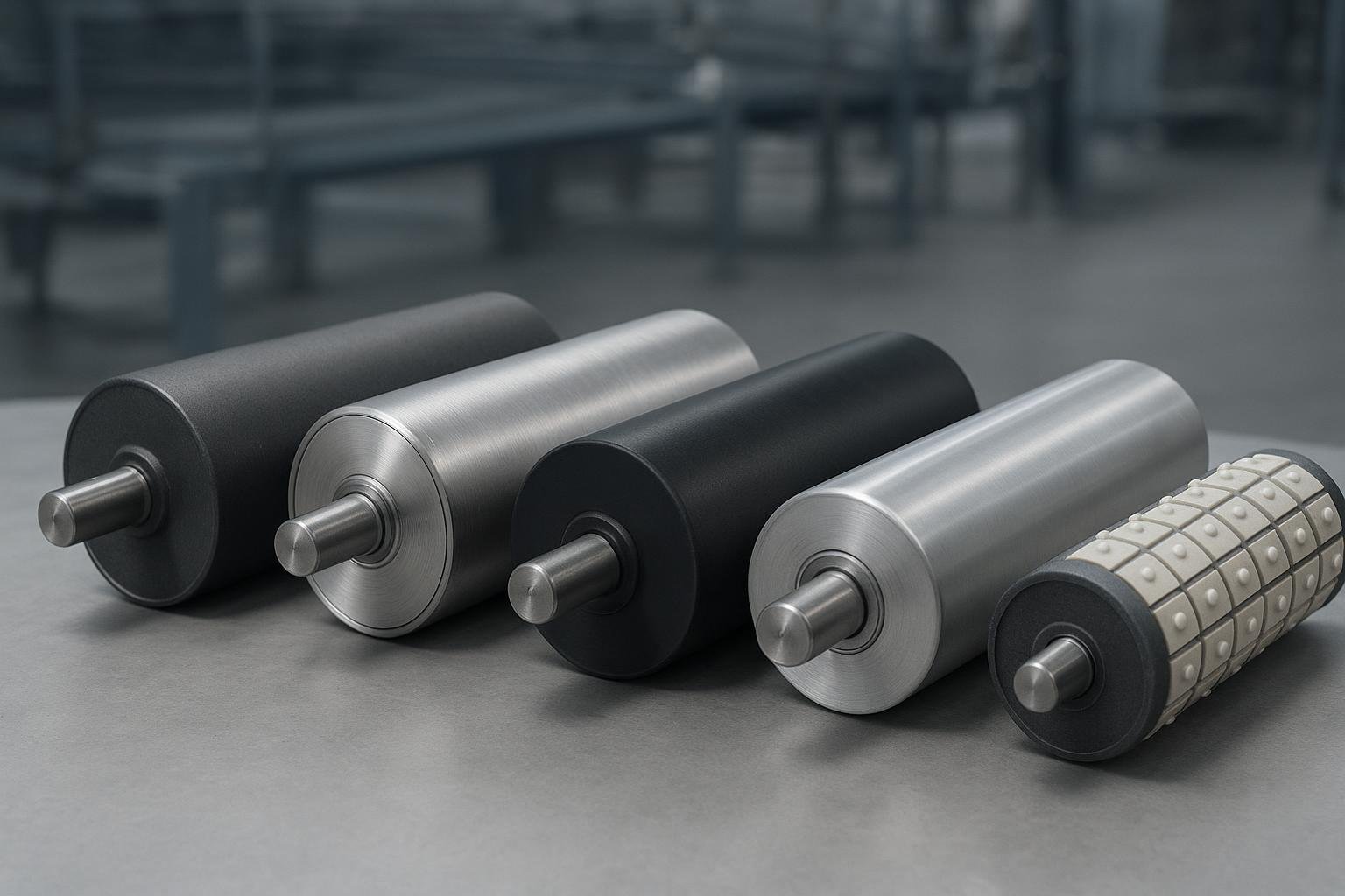 Conveyor idler rollers in carbon steel, stainless steel, HDPE/UHMWPE, aluminum, plus a ceramic-lagged pulley surface on a factory floor