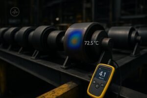 Conveyor belt idlers with one worn roller highlighted by thermal overlay and inspection tools.