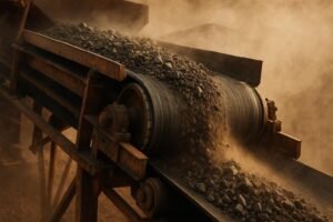 Heavy-duty mining conveyor belt moving abrasive ore with visible wear zones and drive pulley area