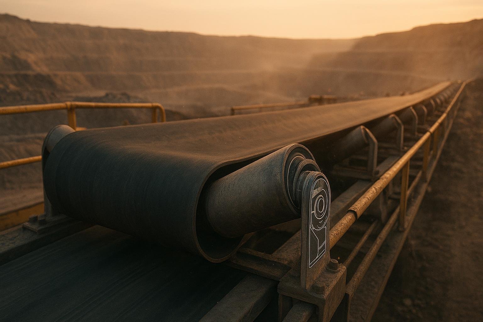 Bulk conveyor idlers with visible roller ends and subtle bearing and labyrinth seal cross-section overlay at sunset in a dusty mine
