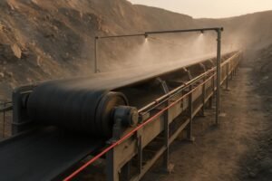 Heavy-duty belt conveyor in quarry with safety pull-cords and dust control