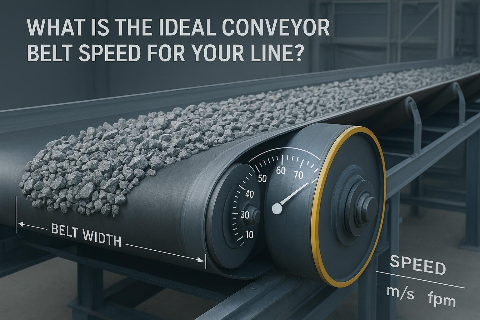 Troughed belt conveyor with speed gauge overlay illustrating conveyor belt speed in m/s and fpm