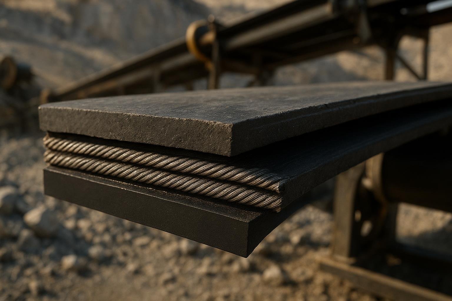 Cross-section view of a conveyor belt showing top cover, carcass, and bottom cover layers in an industrial setting