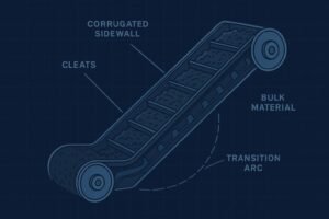 Corrugated sidewall conveyor belt selection cover showing sidewalls, cleats, D1/D2 pulleys, and transition arc.
