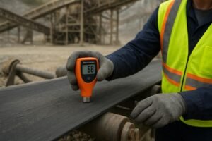 Engineer measuring Shore A hardness on a conveyor belt cover at a quarry