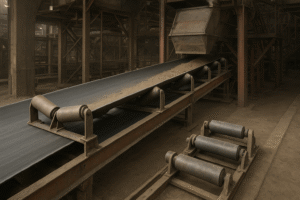 Troughed belt conveyor with carrying, impact, return, and training idlers in an industrial plant