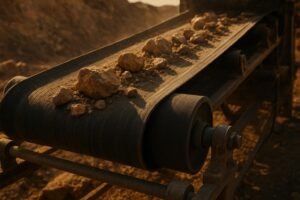 Close-up of a heavy-duty conveyor belt with idlers and ceramic-lagged drive pulley in a dusty mining environment