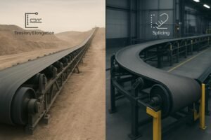 Steel cord vs fabric conveyor belts—overland mine conveyor with large pulleys contrasted with plant conveyor with small pulleys and curves