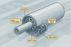 Cross-section illustration of a heavy-duty conveyor roller with thick wall, solid shaft, bearings, and labyrinth seal.
