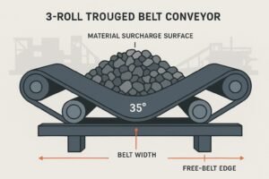 Technical cross-section of a 3-roll troughed belt conveyor showing belt width, 35° trough angle, and surcharge angle.