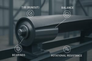 Close-up of a conveyor idler roller highlighting precision features in an industrial setting