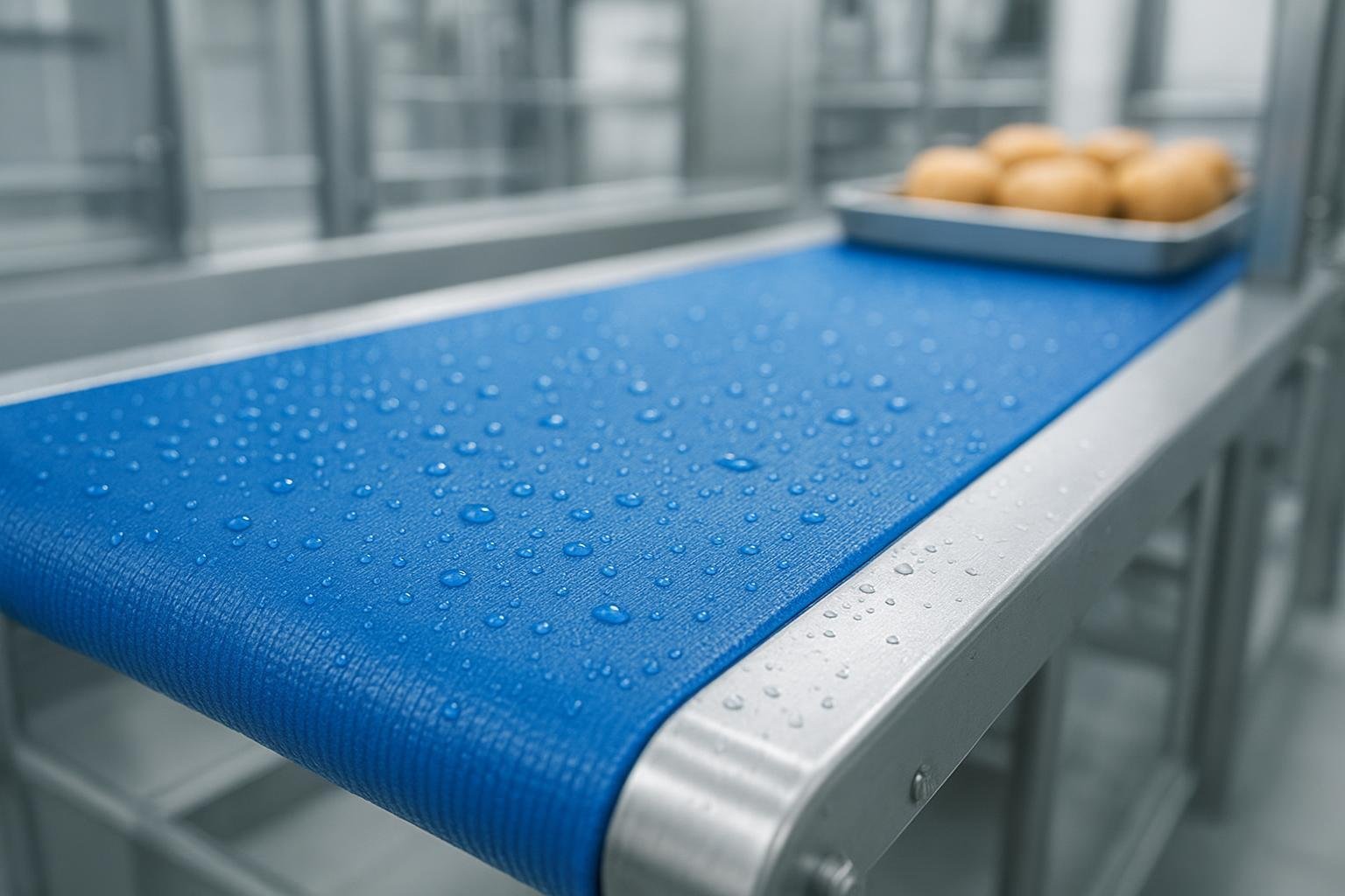 Clean blue food-grade conveyor belt in a stainless washdown line