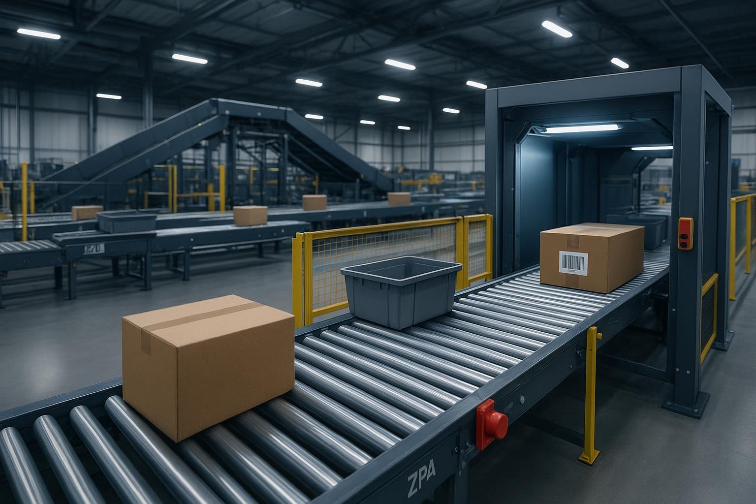 High-speed parcel and crate conveyor line with ZPA accumulation, cross-belt sorter, and scan tunnel in a distribution center