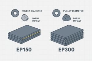 Cross-section comparison of EP150 vs EP300 fabric conveyor belts with plies and pulley icons