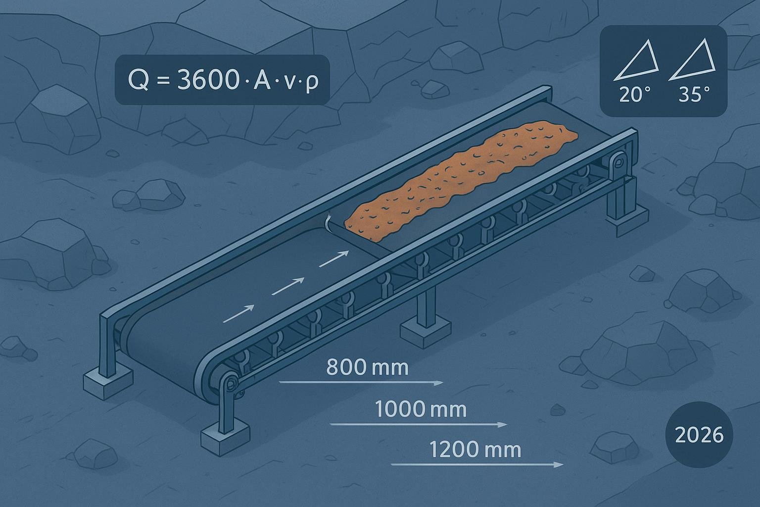 Isometric illustration of a troughed belt conveyor showing width and capacity formula overlays, 2026 edition.