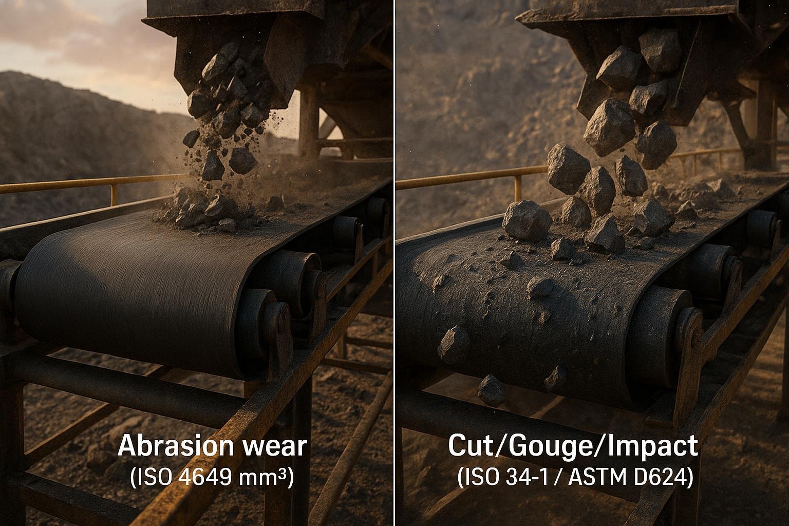 Conveyor transfer point showing abrasion wear vs cut/gouge impact behavior on belt covers