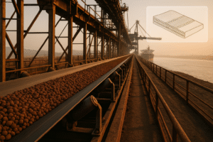 Long-distance port conveyor with steel cord belt carrying iron ore toward a ship loader at sunset.