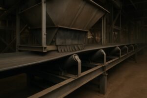 Conveyor loading zone with impact rollers and impact bed aligned beneath a transfer chute and skirtboards