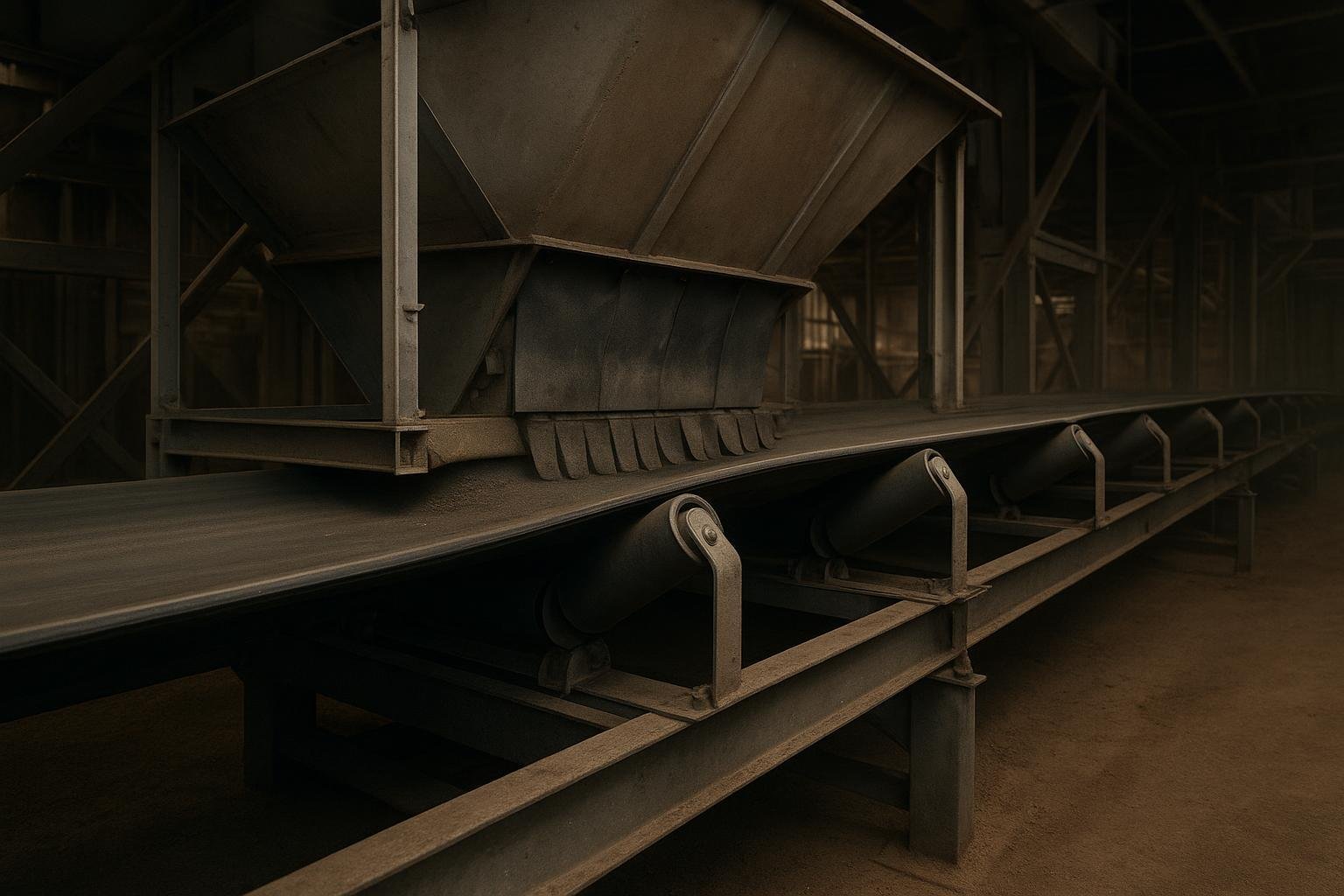 Conveyor loading zone with impact rollers and impact bed aligned beneath a transfer chute and skirtboards