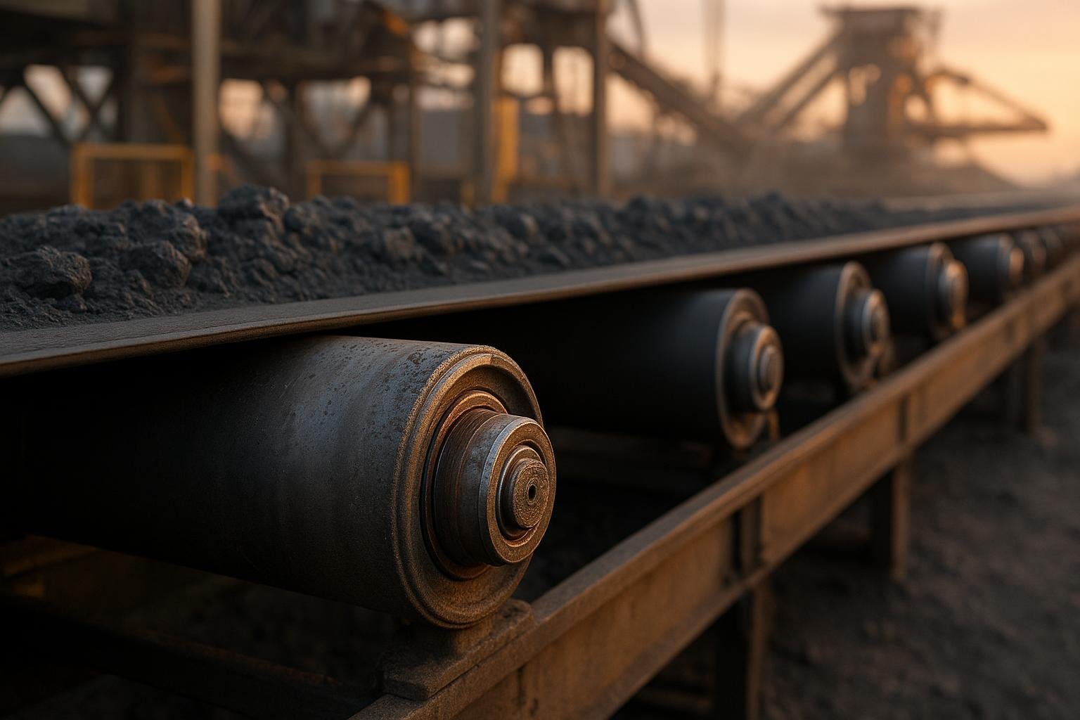 Close-up of heavy-duty conveyor idler rollers under a loaded belt with dust and subtle heat highlighting preventive maintenance focus