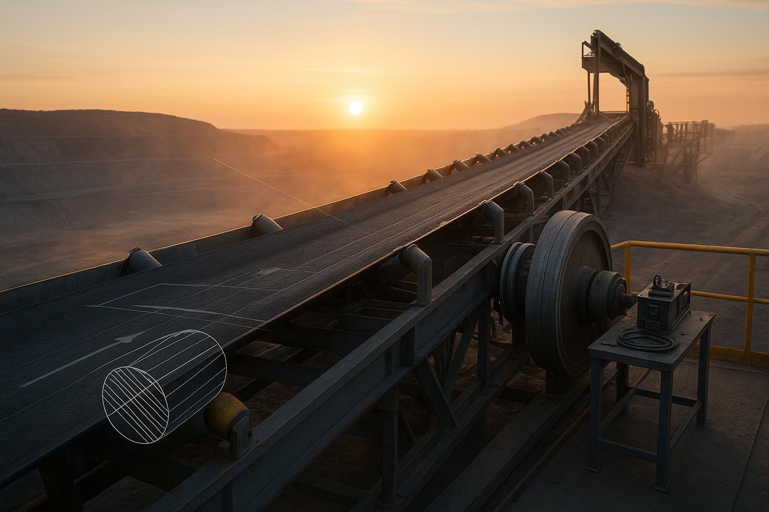 Overland conveyor at sunrise highlighting belt, drive pulley, idlers, and tensile-strength elements
