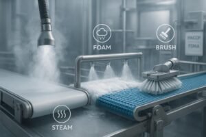 Cover image of food conveyor belts being cleaned by dry steam, foam spray bar, and brush cleaner in a hygienic plant