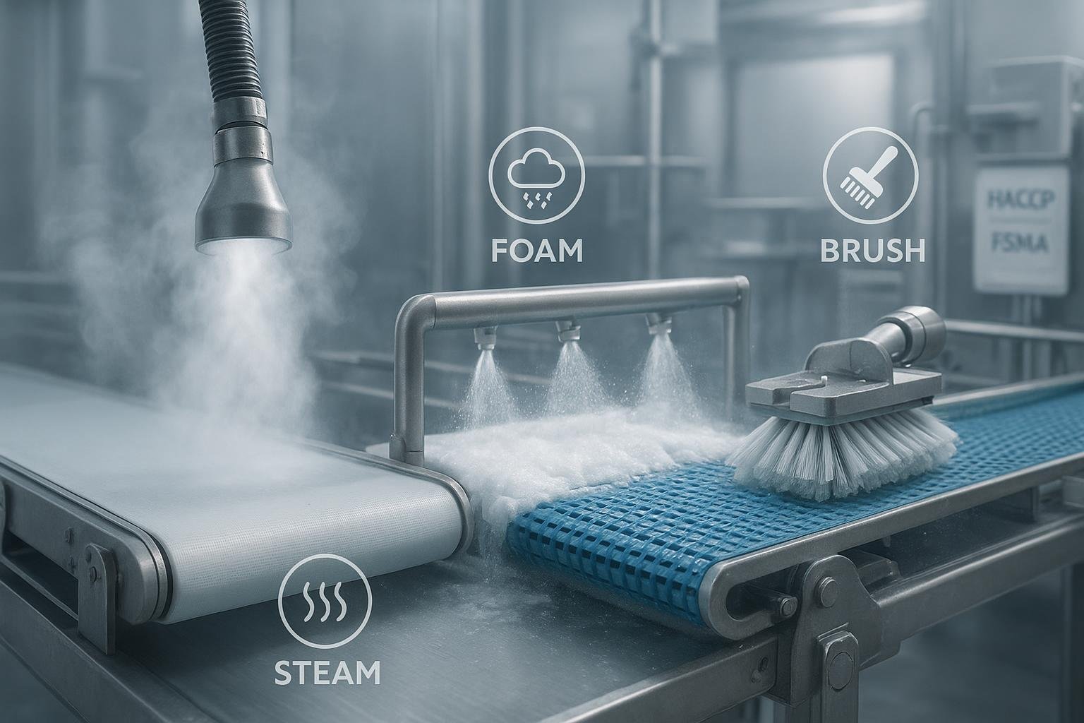 Cover image of food conveyor belts being cleaned by dry steam, foam spray bar, and brush cleaner in a hygienic plant