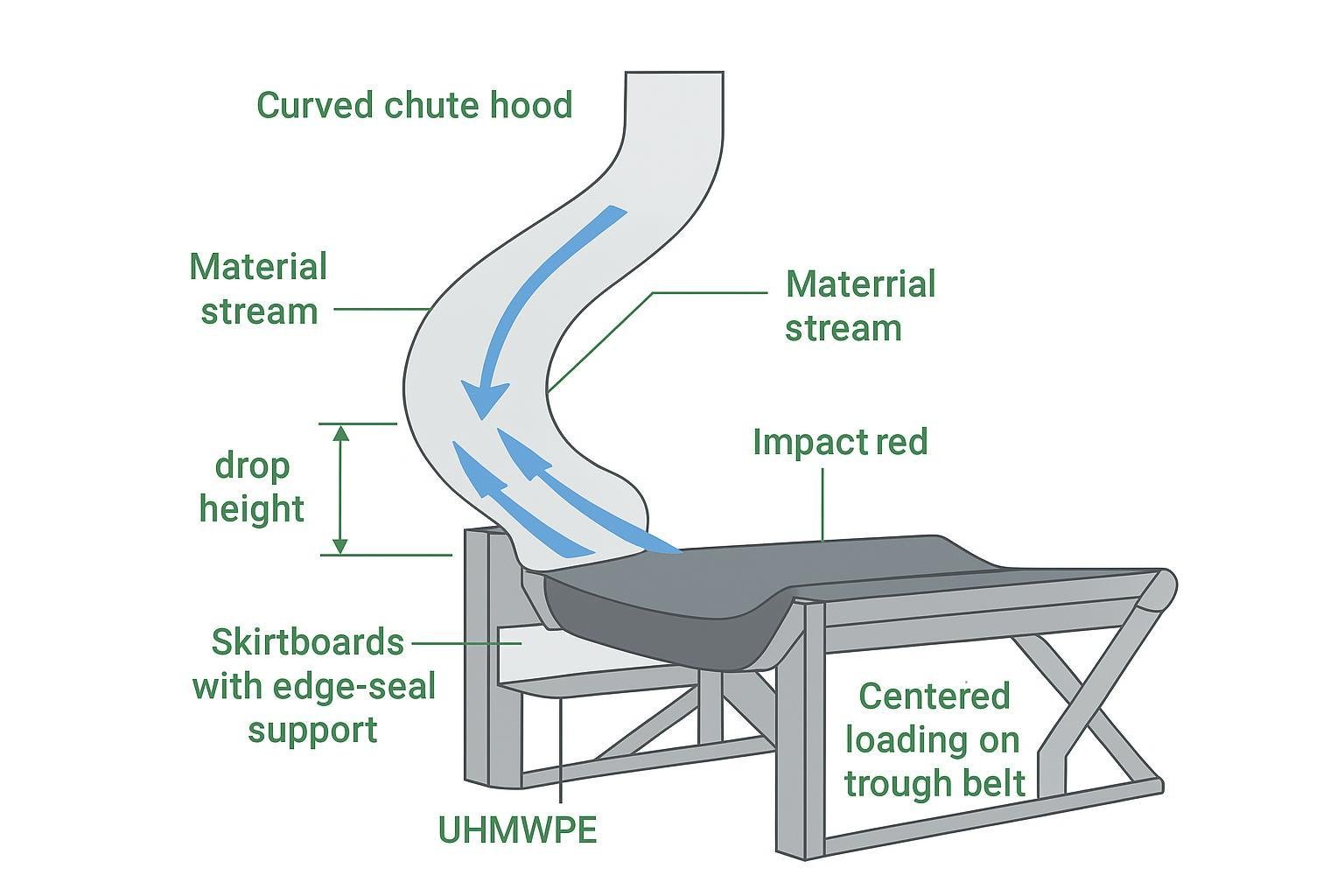 Annotated transfer-point diagram with curved chute, impact bed, skirt sealing, and UHMWPE liners