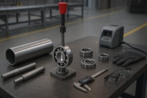 Workshop bench with conveyor idler roller parts and tools prepared for bearing installation