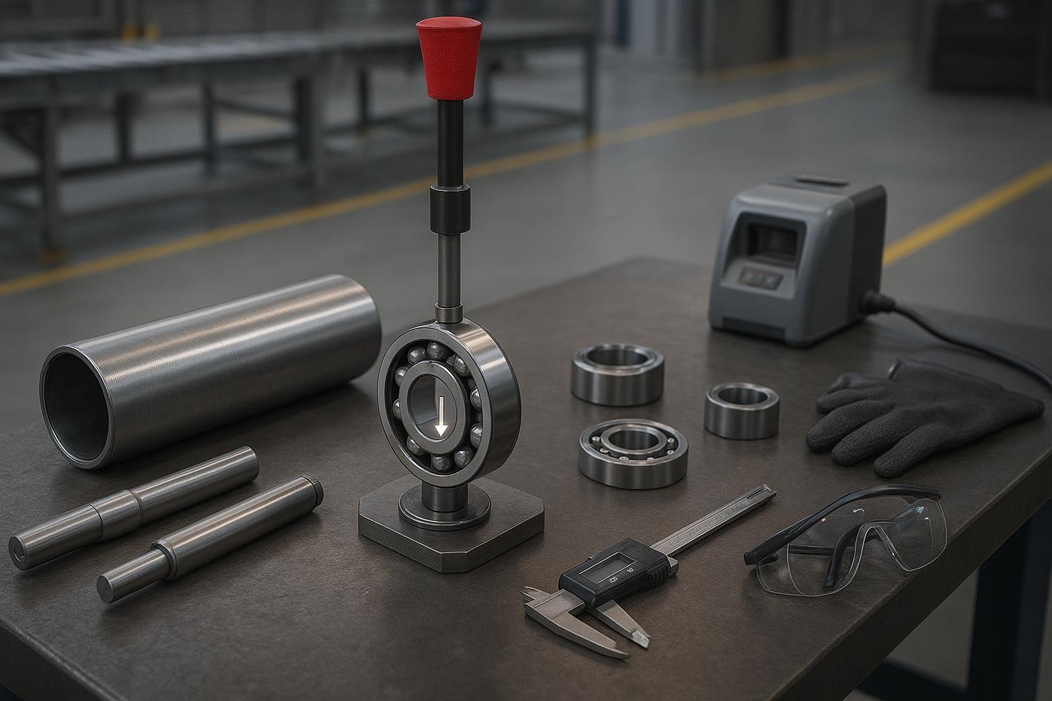 Workshop bench with conveyor idler roller parts and tools prepared for bearing installation