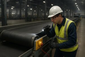 Maintenance technician inspecting factory conveyor belt and idlers with PPE and e-stop pull-cord visible