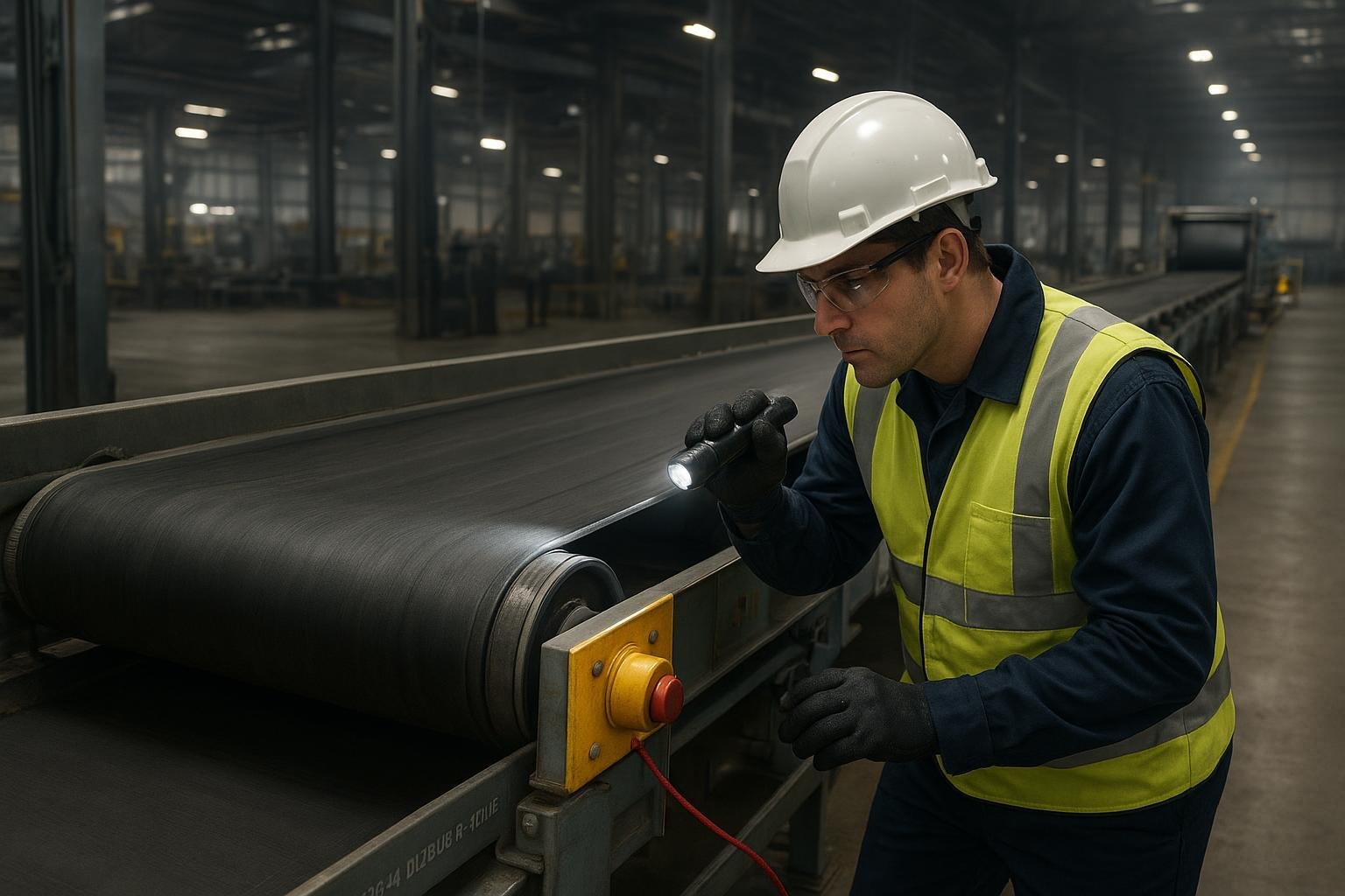 Maintenance technician inspecting factory conveyor belt and idlers with PPE and e-stop pull-cord visible