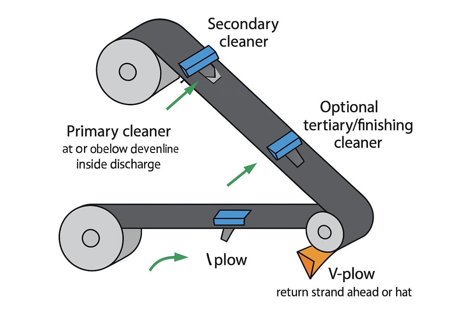 Diagram of primary, secondary, tertiary belt cleaners and V-plow positions on a conveyor system