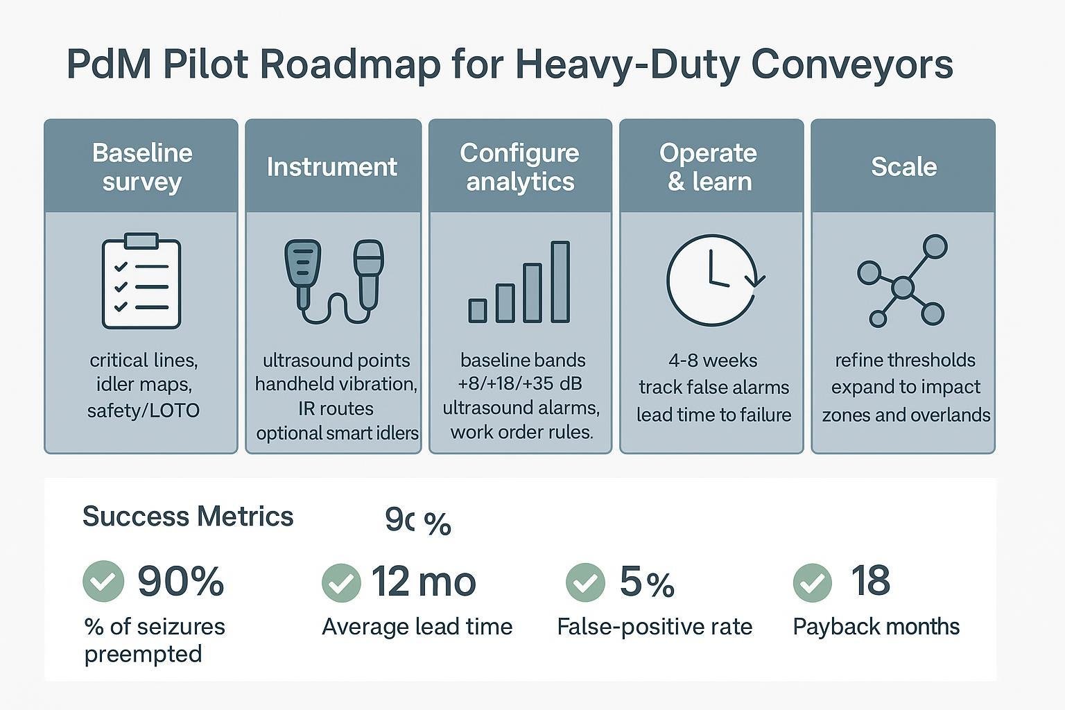 Predictive maintenance pilot roadmap stages for heavy-duty conveyor idler monitoring