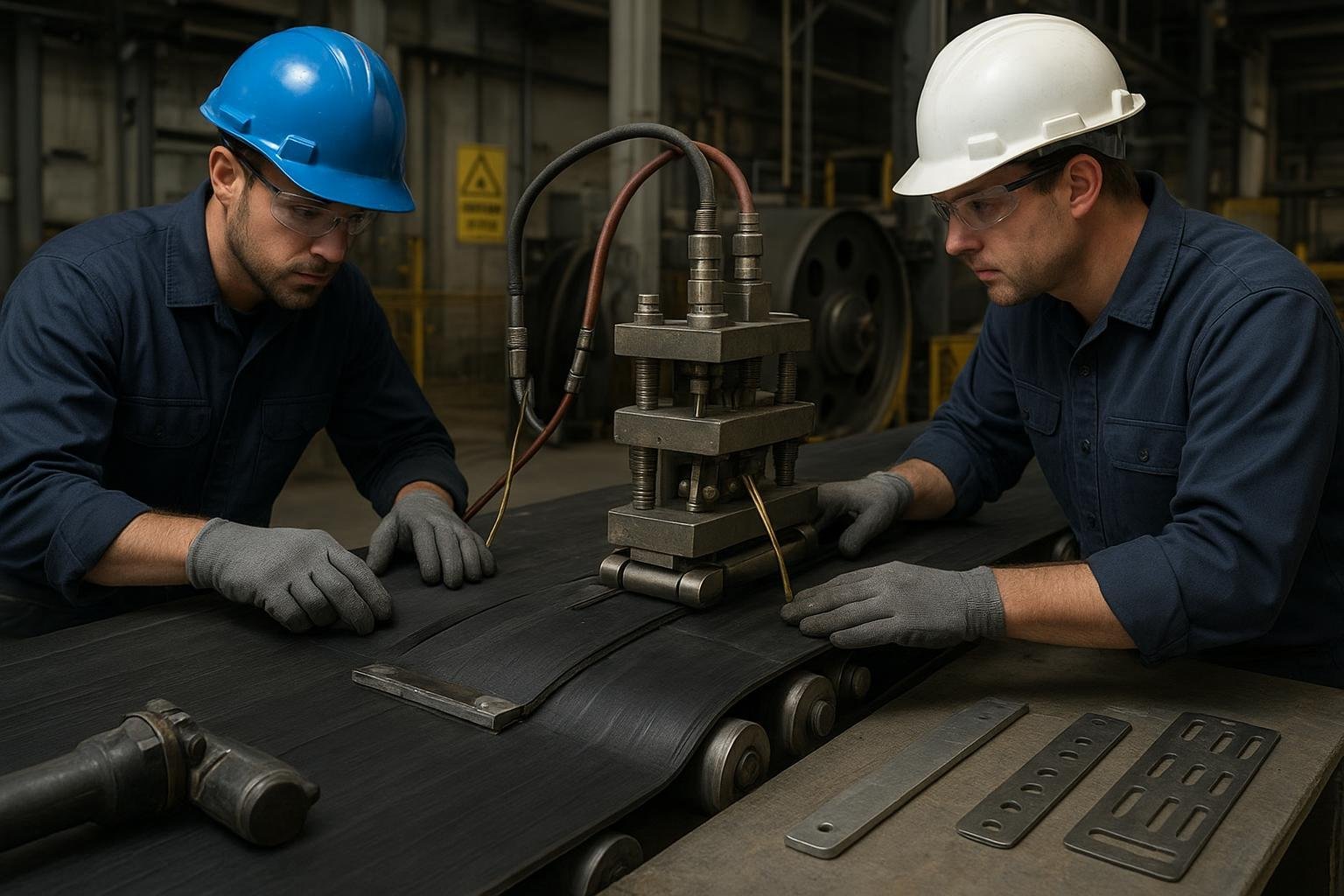 Technicians preparing a conveyor belt splice under a vulcanizing press in a clean, well-lit maintenance bay